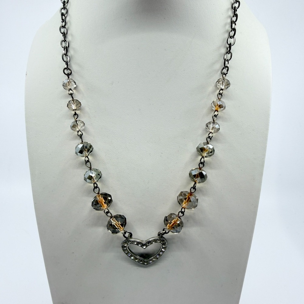 Vintage Y2K Gunmetal Crystal Heart Pendant Necklace Clear Beaded Chunky Boho